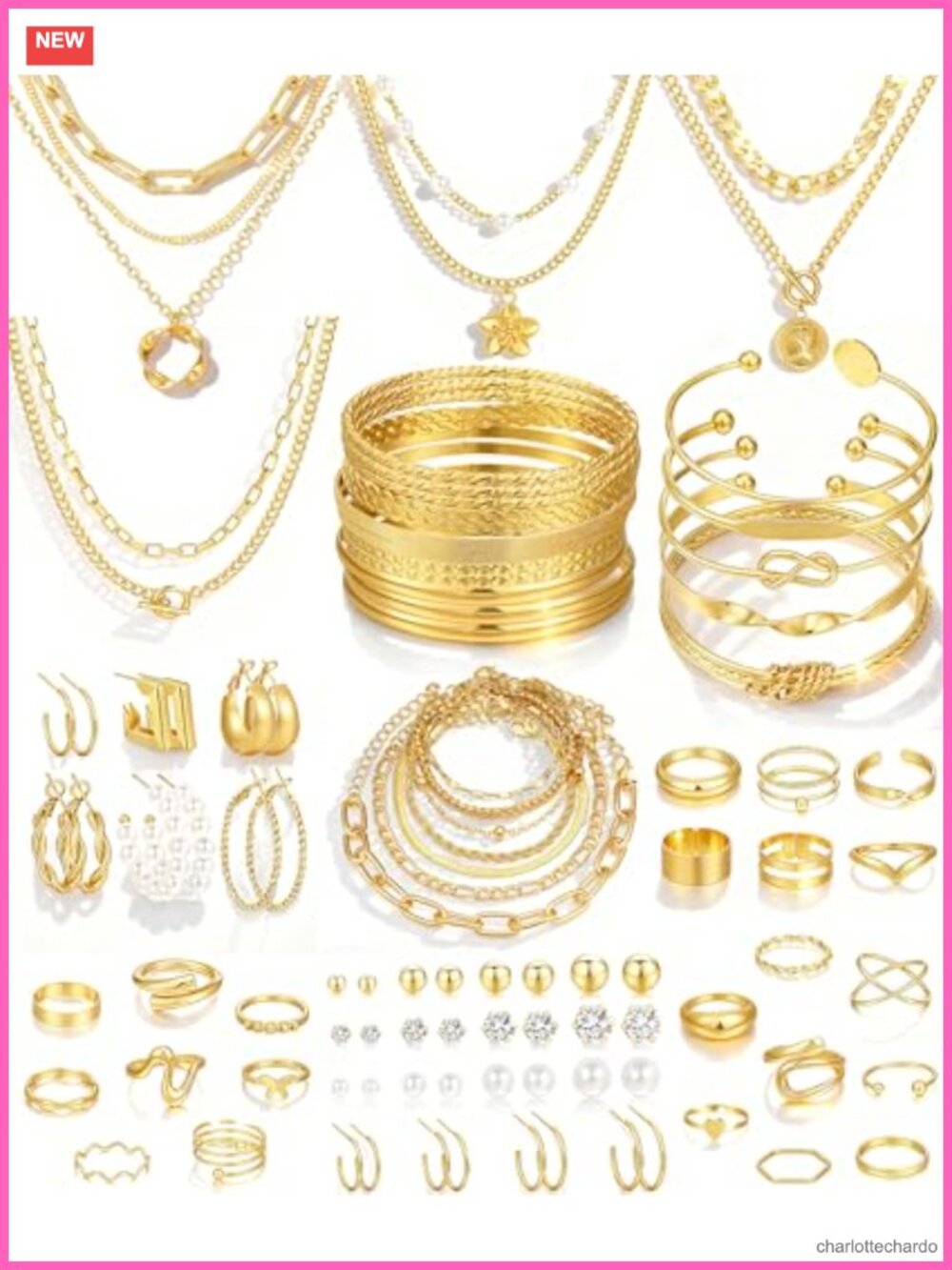 78 Piece Gold Plated Jewelry Set for Women - Necklaces Bracelets Earrings Rings